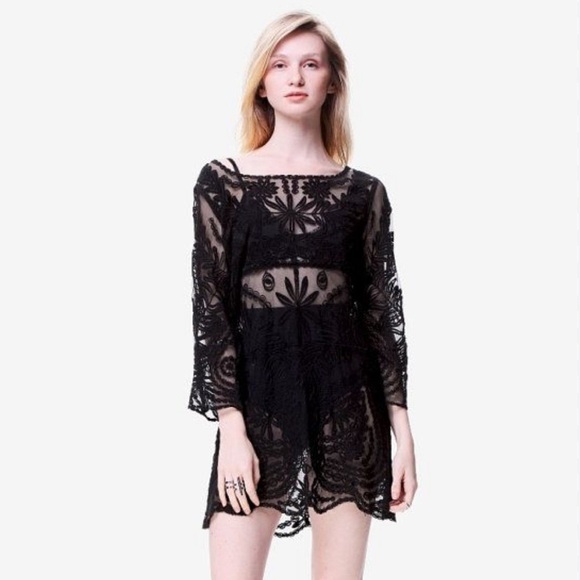 Beulah Black Lace Sheer beach coverup Dress one size fits medium - Picture 1 of 7
